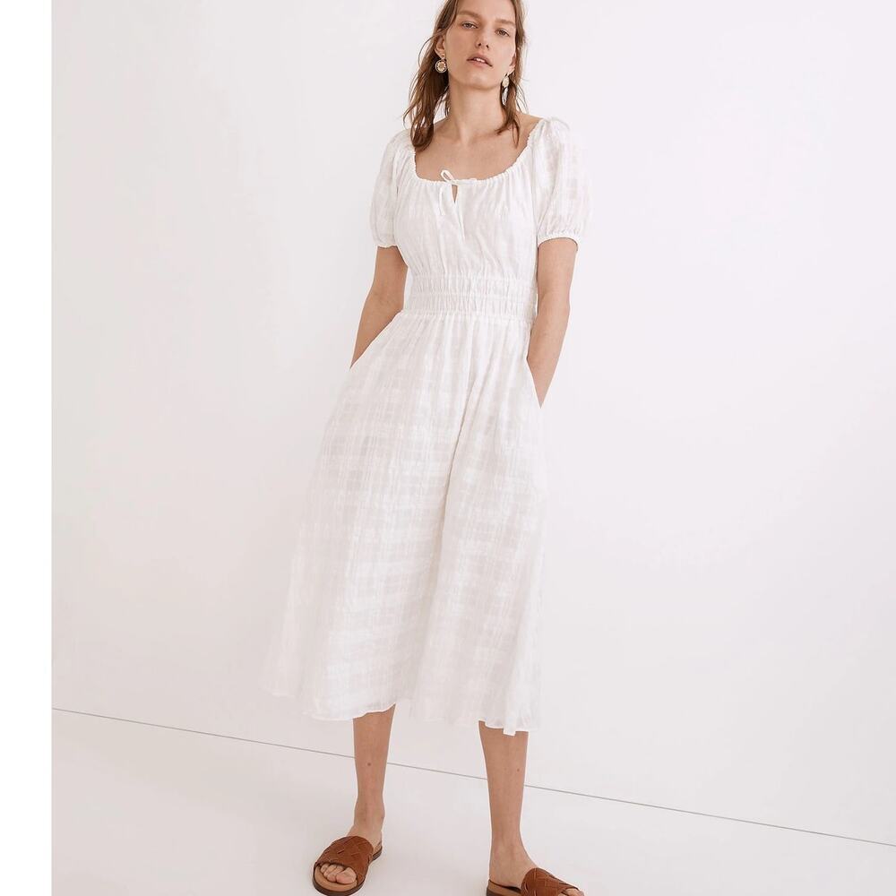 MADEWELL Sophia Midi Dress in Seersucker Check Puff Sleeve Smocked Cottagecore S
